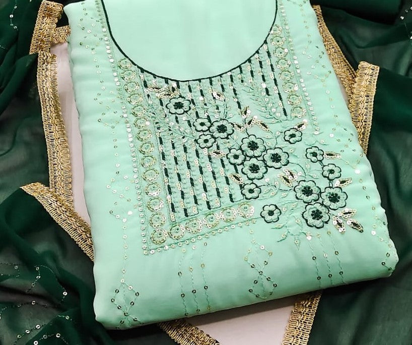 Zooara Teal Color Faux Georgette Function And Wedding Dress Embrodary Work Matrials With Bottom And Dupatta