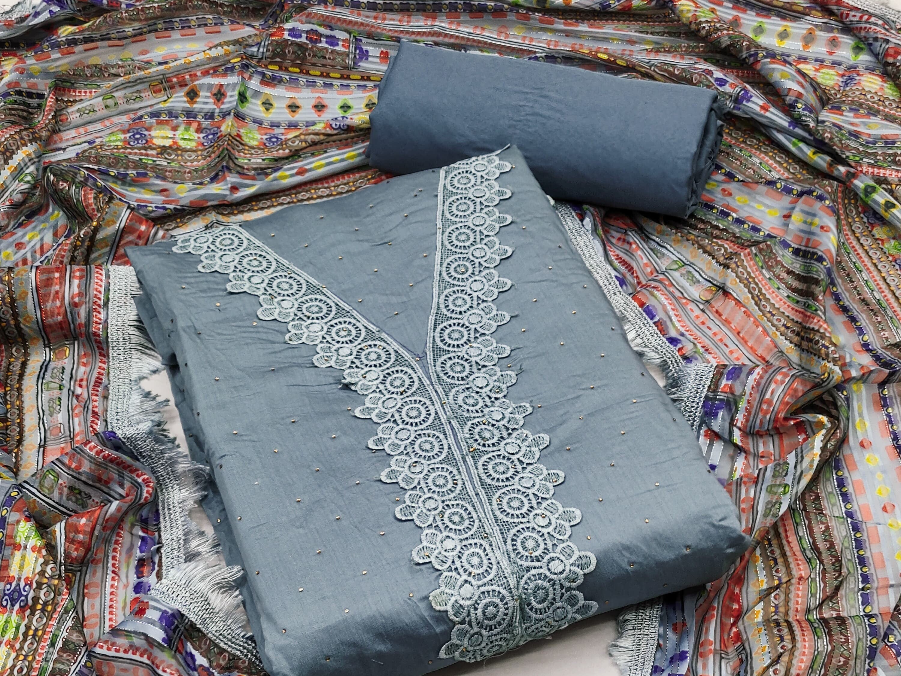 Zooara Grey Color Heavy Cotton Function And Wedding Dress Embrodary Work Matrials With Bottom And Dupatta