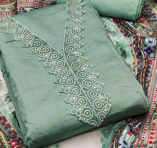 Zooara Light Green Color Heavy Cotton Function And Wedding Dress Embrodary Work Matrials With Bottom And Dupatta