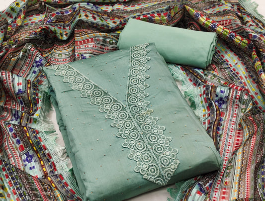 Zooara Light Green Color Heavy Cotton Function And Wedding Dress Embrodary Work Matrials With Bottom And Dupatta