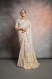 Vsaree Cream Soft Mulberry Silk Saree With Silver And Gold Zari Weaving Linning With Pattern Weaved Border With Blouse