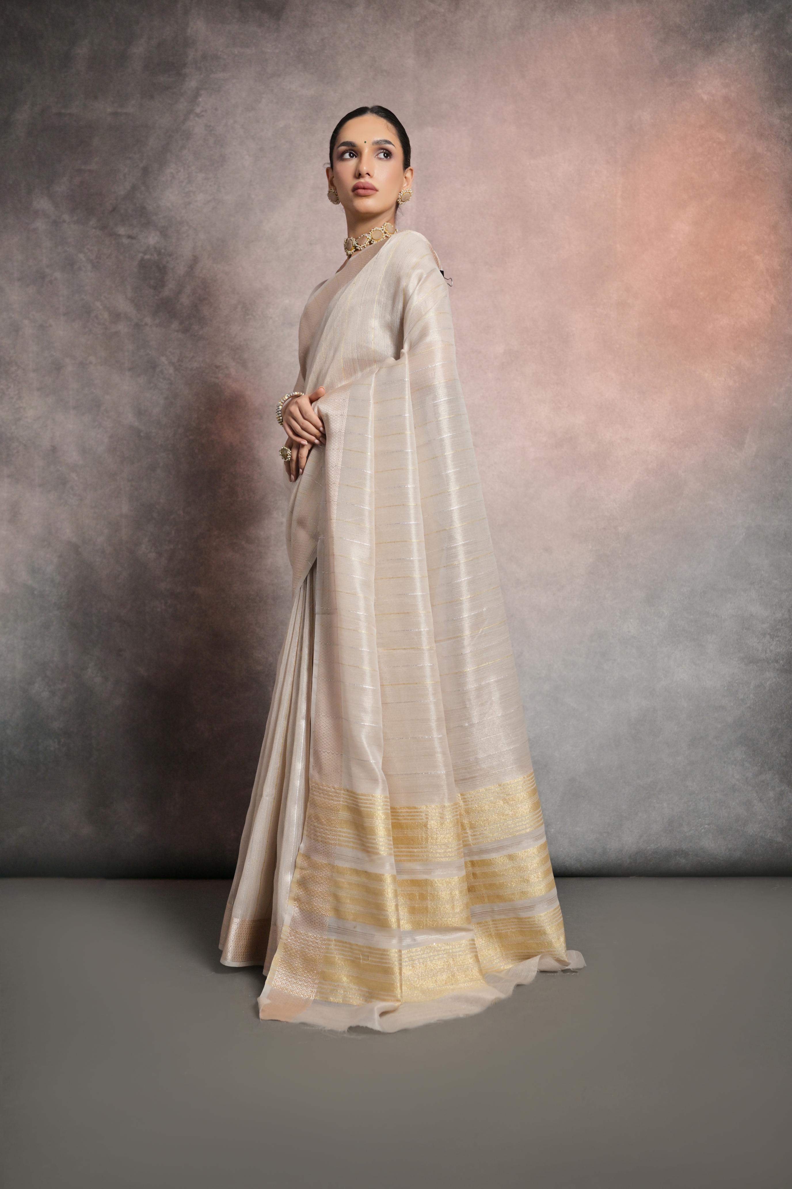 Vsaree Cream Soft Mulberry Silk Saree With Silver And Gold Zari Weaving Linning With Pattern Weaved Border With Blouse