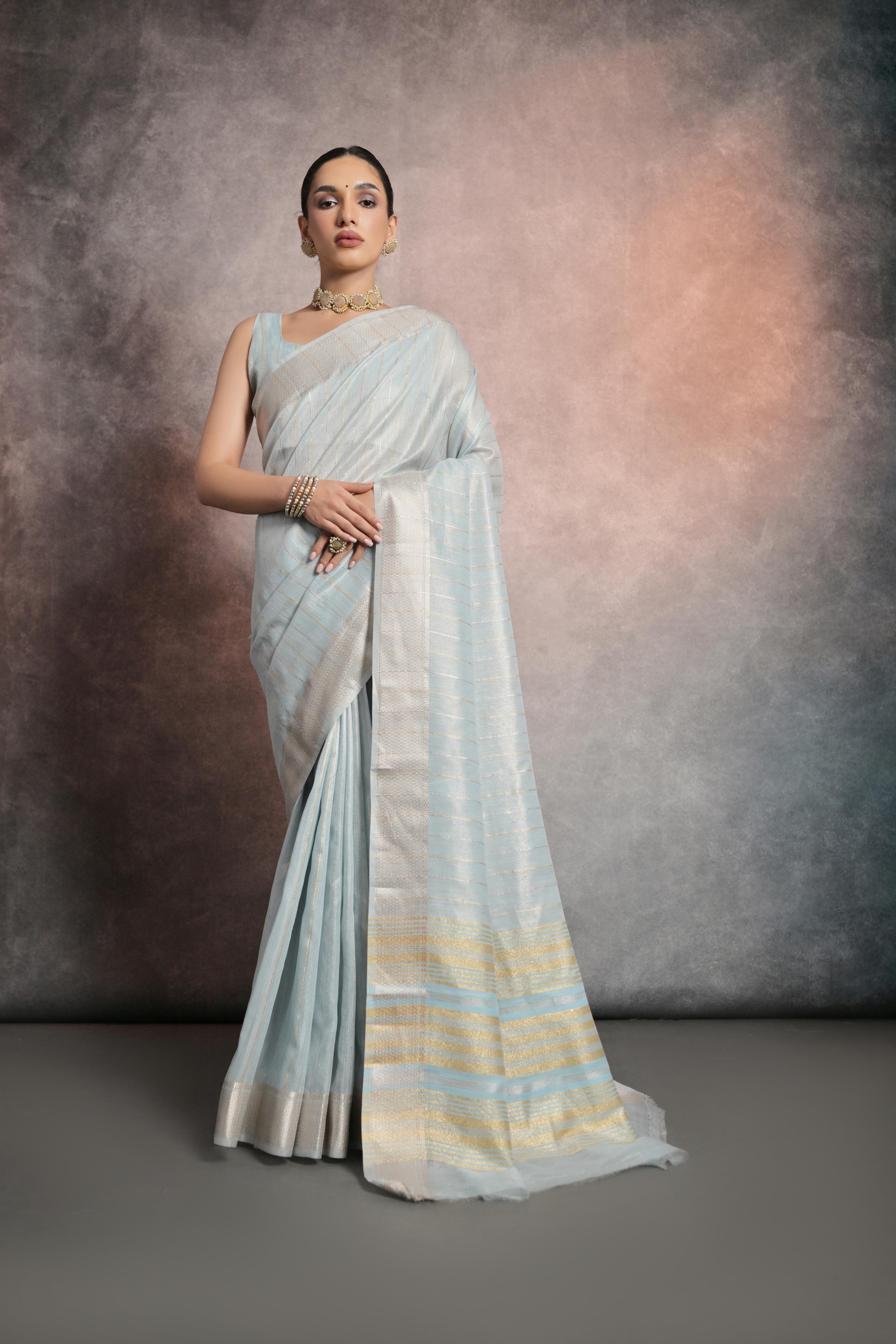 Vsaree Firosi Soft Mulberry Silk Saree With Silver And Gold Zari Weaving Linning With Pattern Weaved Border With Blouse