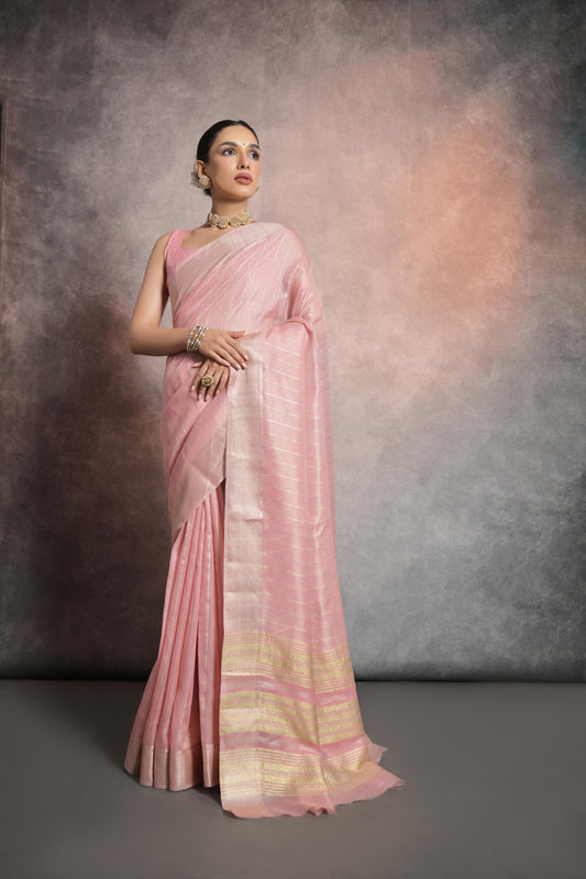 Vsaree Pink Soft Mulberry Silk Saree With Silver And Gold Zari Weaving Linning With Pattern Weaved Border With Blouse