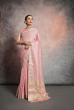 Vsaree Pink Soft Mulberry Silk Saree With Silver And Gold Zari Weaving Linning With Pattern Weaved Border With Blouse