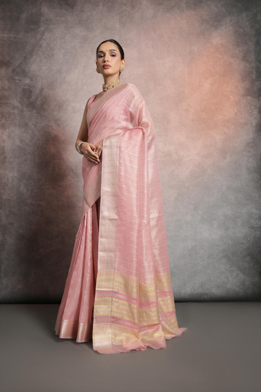 Vsaree Pink Soft Mulberry Silk Saree With Silver And Gold Zari Weaving Linning With Pattern Weaved Border With Blouse