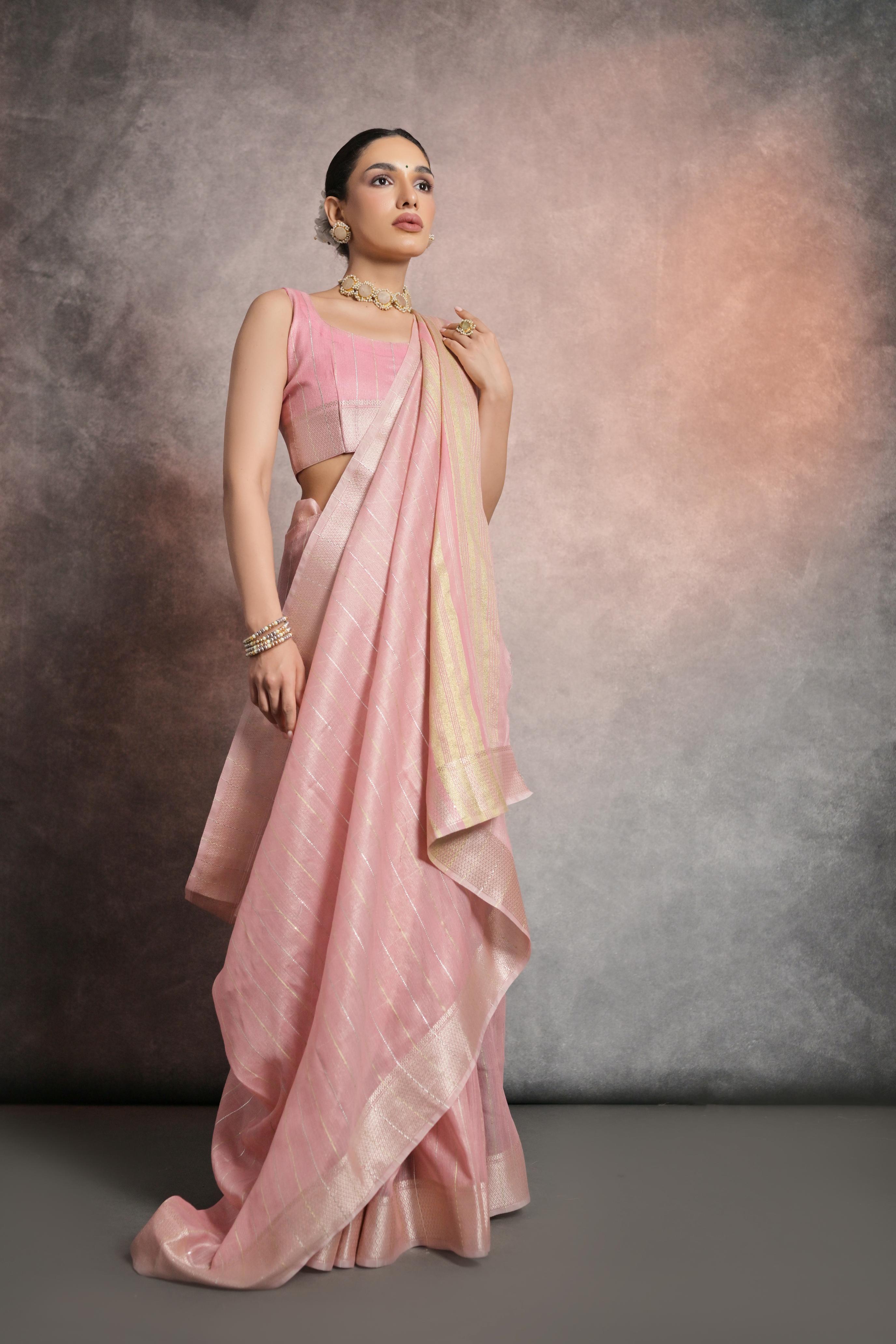 Vsaree Pink Soft Mulberry Silk Saree With Silver And Gold Zari Weaving Linning With Pattern Weaved Border With Blouse