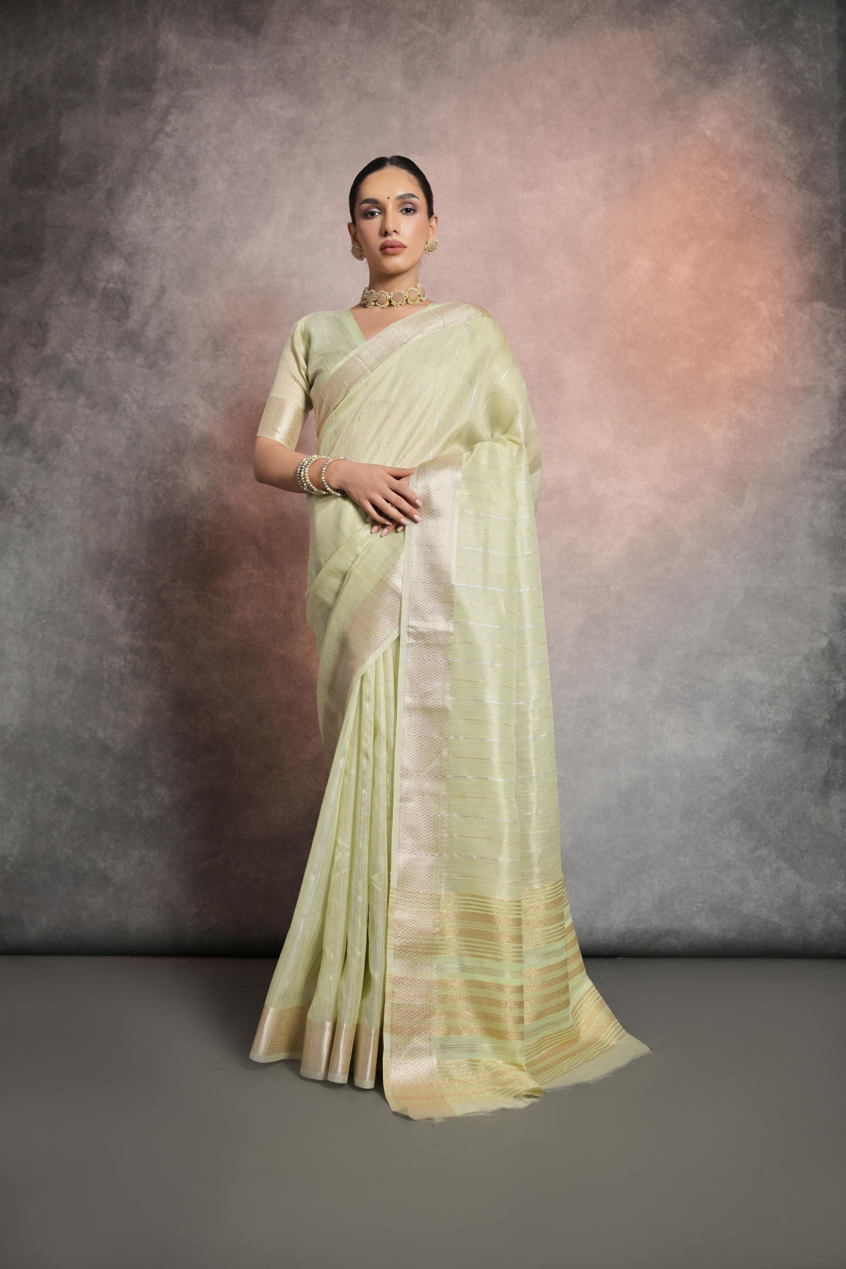 Vsaree Pista Soft Mulberry Silk Saree With Silver And Gold Zari Weaving Linning With Pattern Weaved Border With Blouse