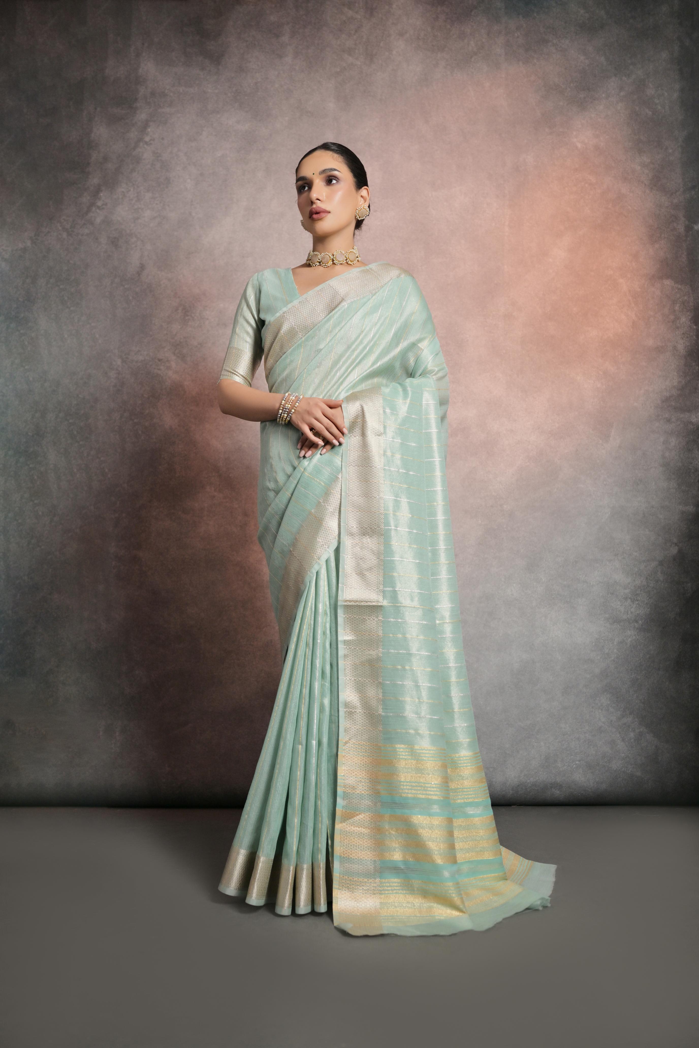 Vsaree Sea Green Soft Mulberry Silk Saree With Silver And Gold Zari Weaving Linning With Pattern Weaved Border With Blouse