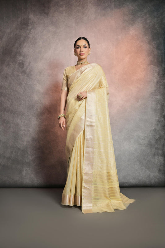 Vsaree Yellow Soft Mulberry Silk Saree With Silver And Gold Zari Weaving Linning With Pattern Weaved Border With Blouse