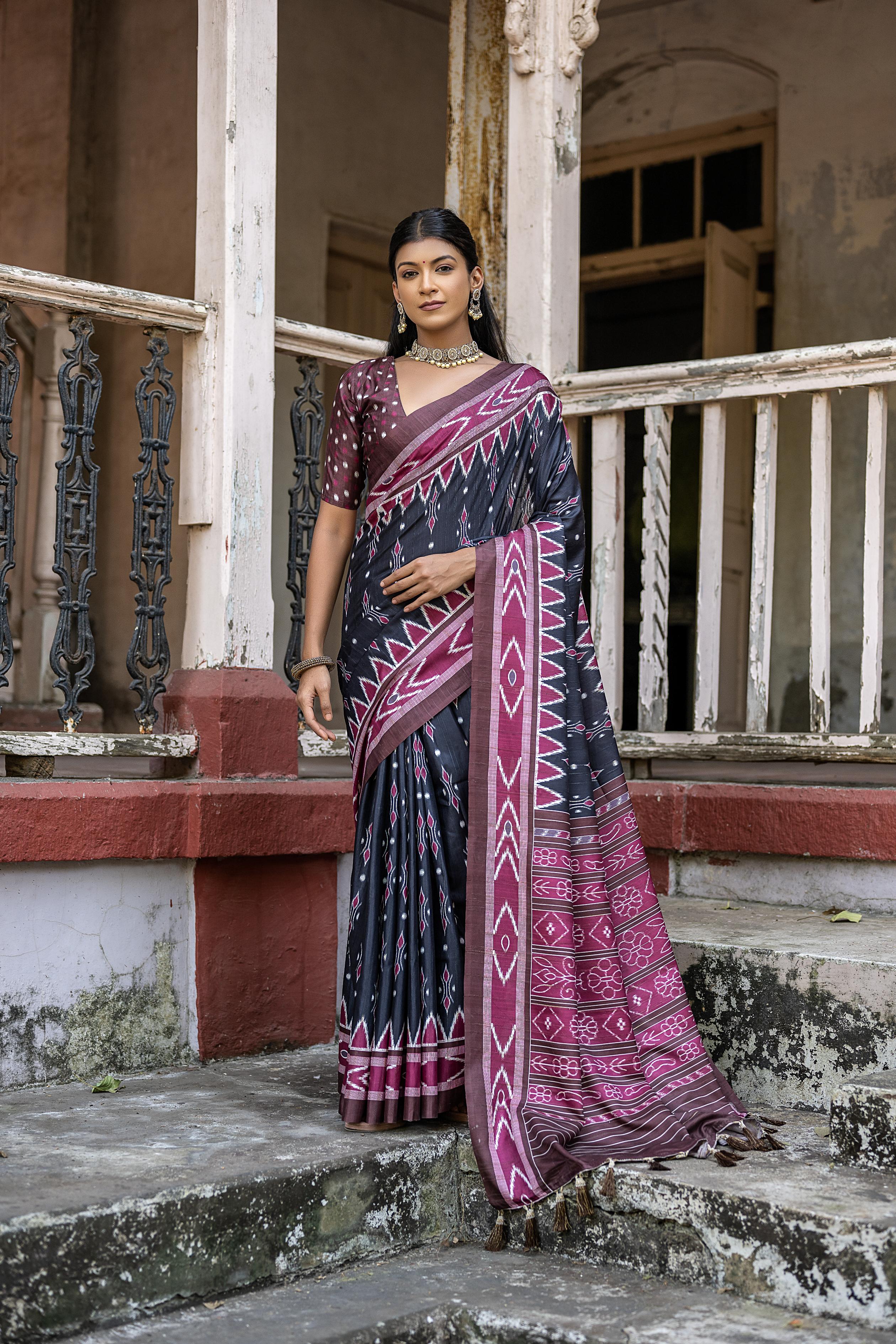 Vsaree Black Tussar Silk Saree With Leriya Print And Zari Border With Kalamkari Pallu With Blouse