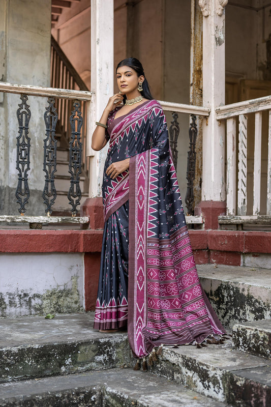 Vsaree Black Tussar Silk Saree With Leriya Print And Zari Border With Kalamkari Pallu With Blouse