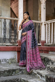 Vsaree Black Tussar Silk Saree With Leriya Print And Zari Border With Kalamkari Pallu With Blouse