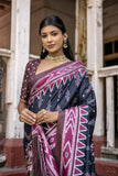 Vsaree Black Tussar Silk Saree With Leriya Print And Zari Border With Kalamkari Pallu With Blouse