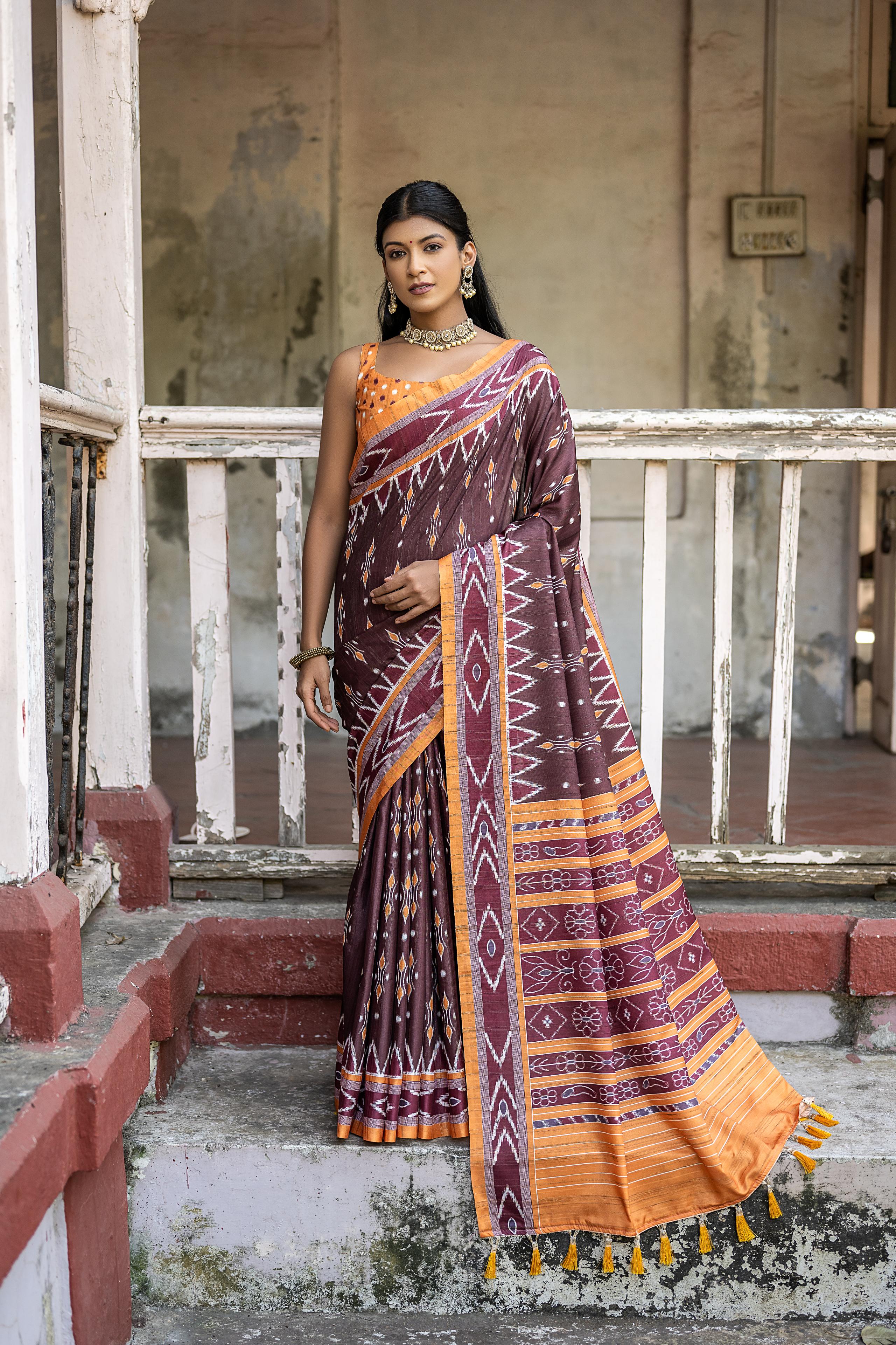 Vsaree Coffee Tussar Silk Saree With Leriya Print And Zari Border With Kalamkari Pallu With Blouse