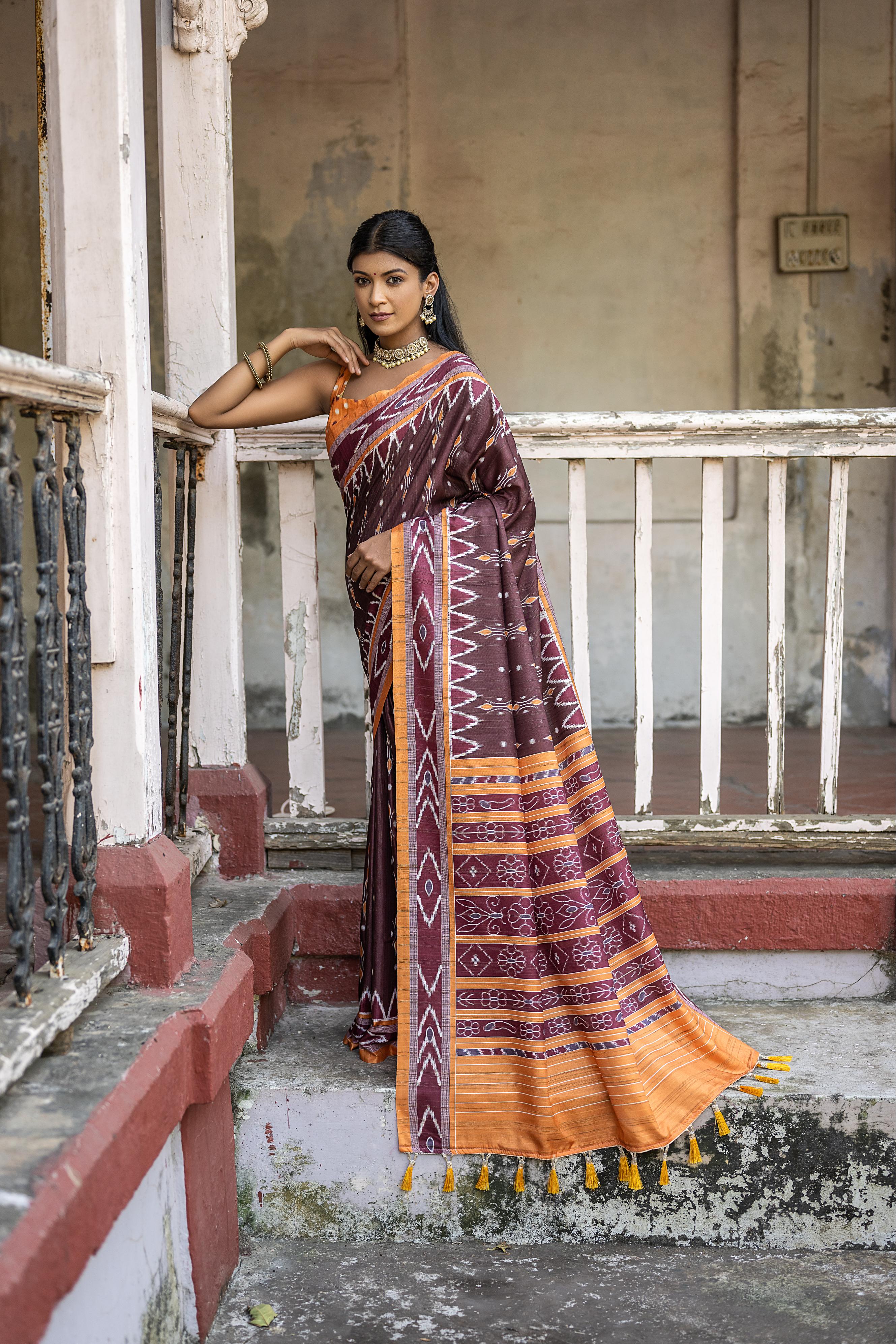 Vsaree Coffee Tussar Silk Saree With Leriya Print And Zari Border With Kalamkari Pallu With Blouse