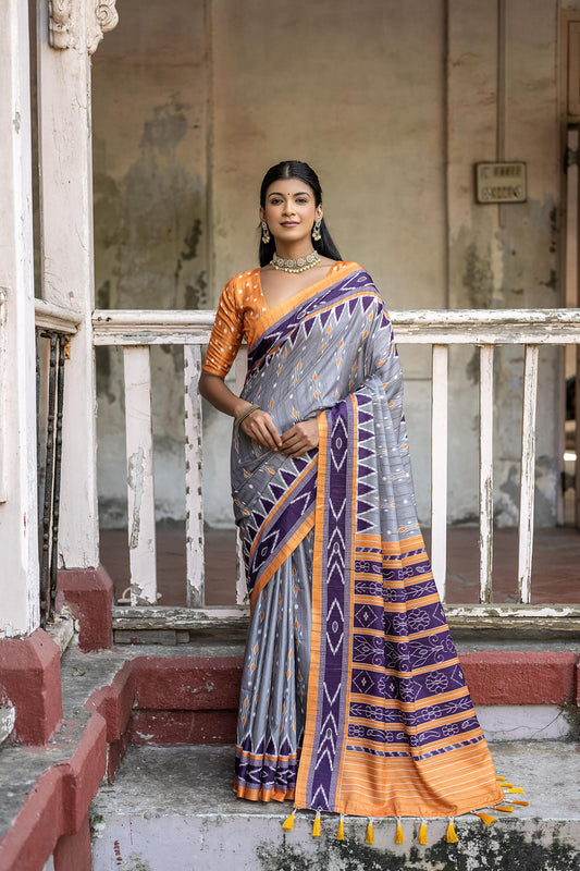 Vsaree Grey Tussar Silk Saree With Leriya Print And Zari Border With Kalamkari Pallu With Blouse