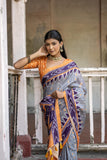 Vsaree Grey Tussar Silk Saree With Leriya Print And Zari Border With Kalamkari Pallu With Blouse