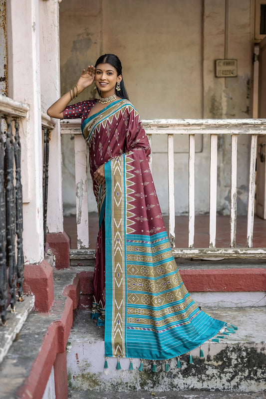 Vsaree Maroon Tussar Silk Saree With Leriya Print And Zari Border With Kalamkari Pallu With Blouse