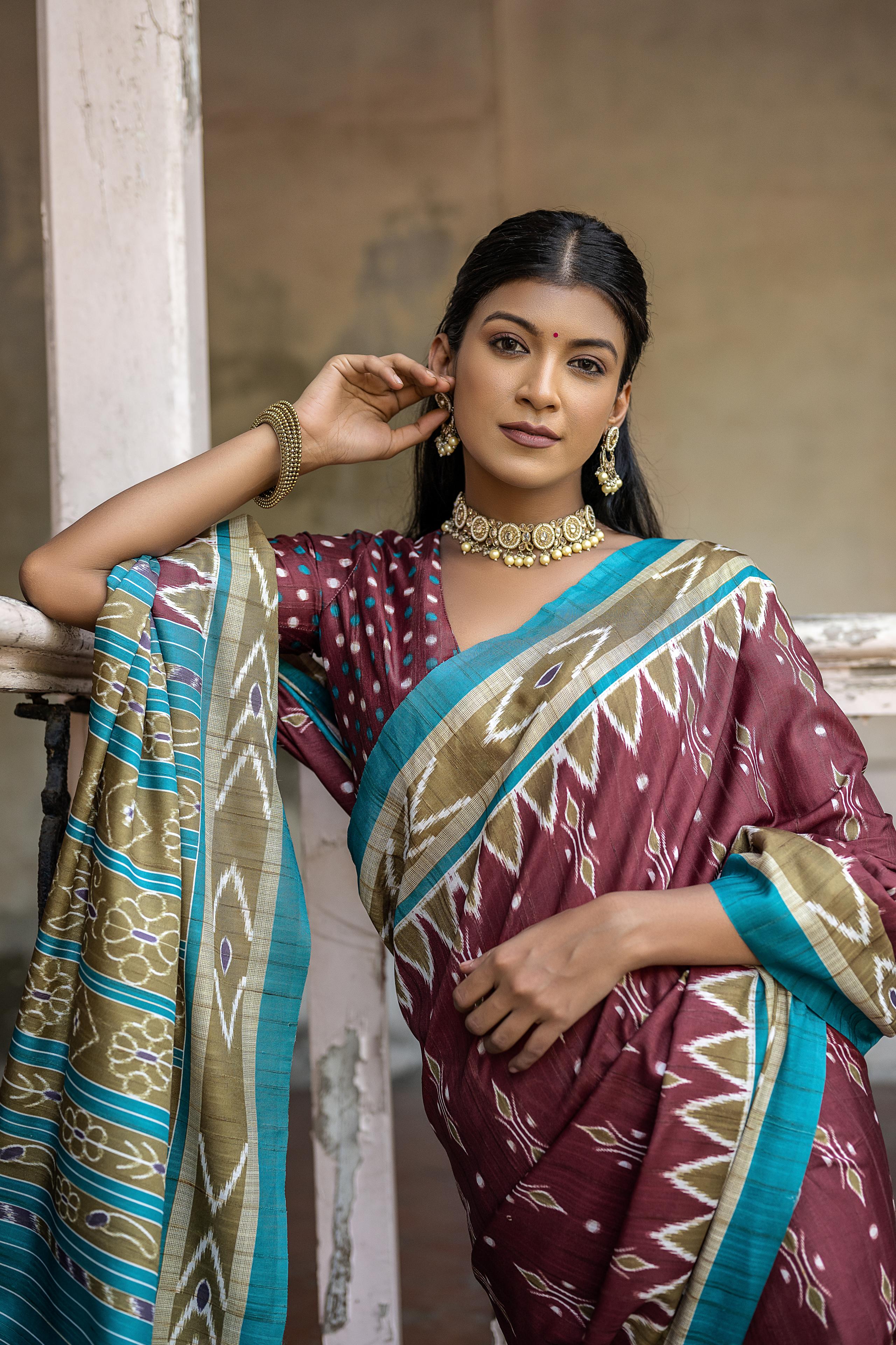 Vsaree Maroon Tussar Silk Saree With Leriya Print And Zari Border With Kalamkari Pallu With Blouse