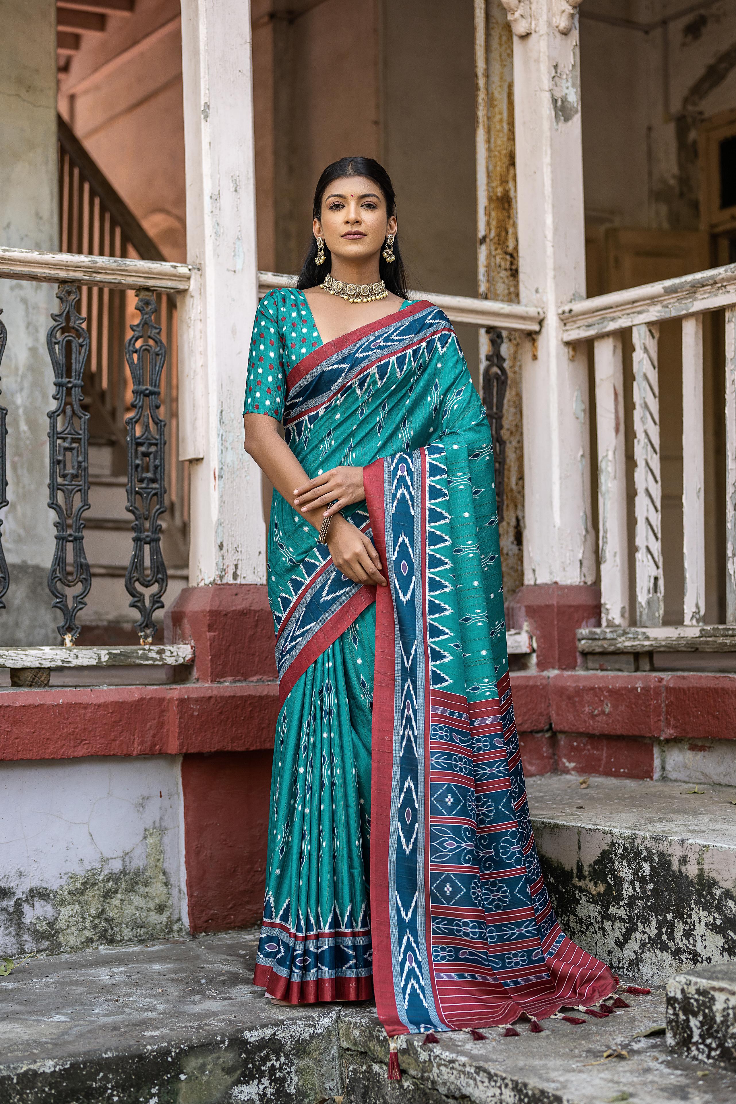 Vsaree Rama Tussar Silk Saree With Leriya Print And Zari Border With Kalamkari Pallu With Blouse