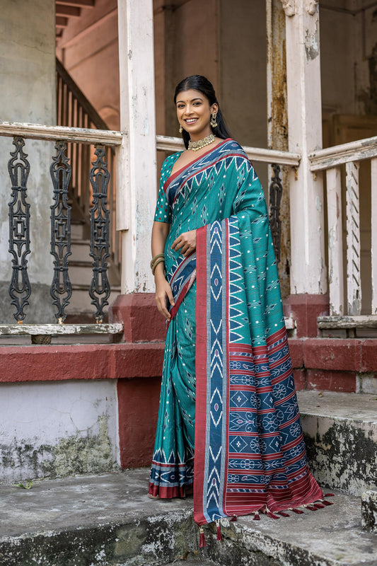 Vsaree Rama Tussar Silk Saree With Leriya Print And Zari Border With Kalamkari Pallu With Blouse