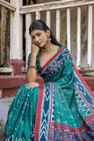 Vsaree Rama Tussar Silk Saree With Leriya Print And Zari Border With Kalamkari Pallu With Blouse