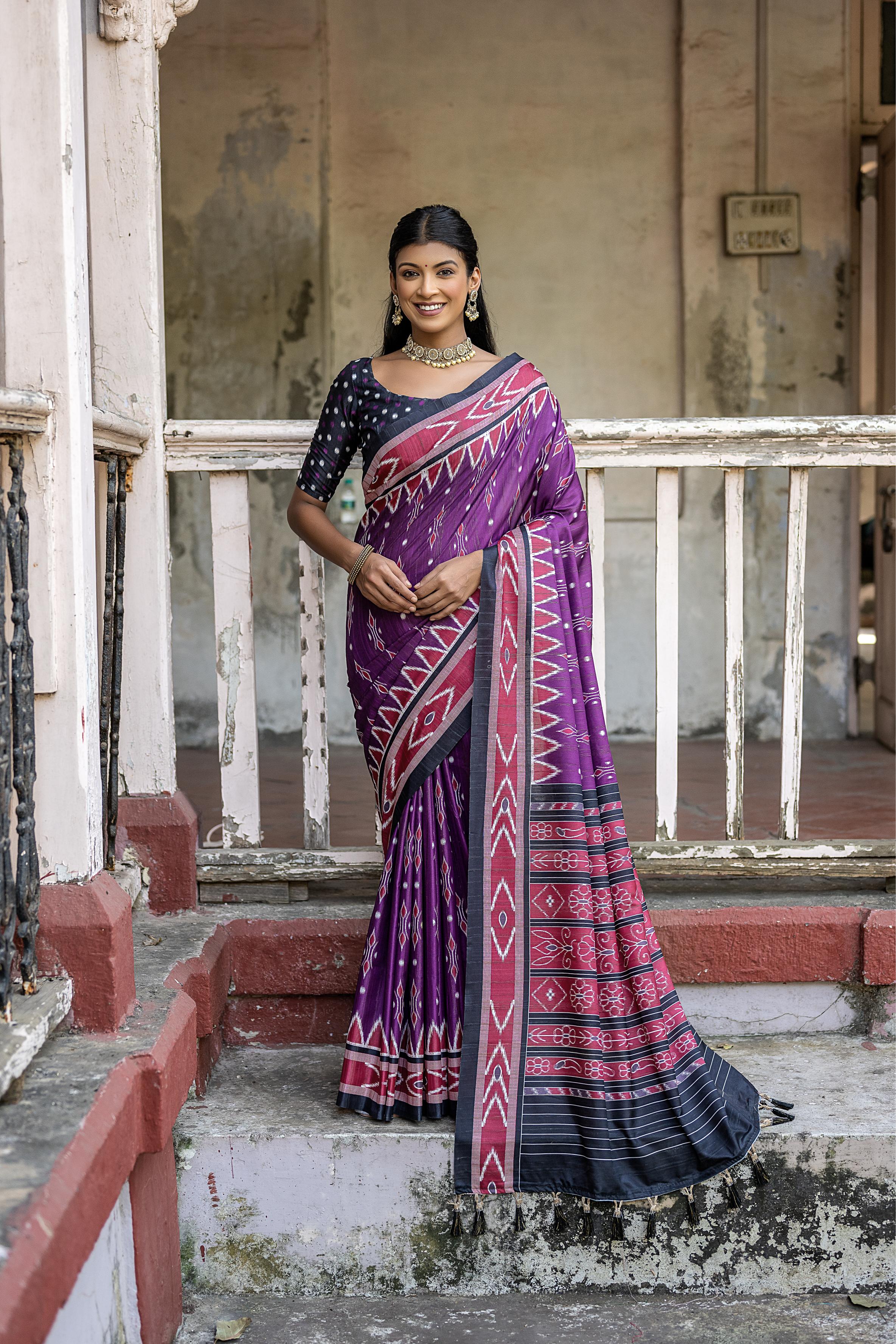 Vsaree Wine Tussar Silk Saree With Leriya Print And Zari Border With Kalamkari Pallu With Blouse