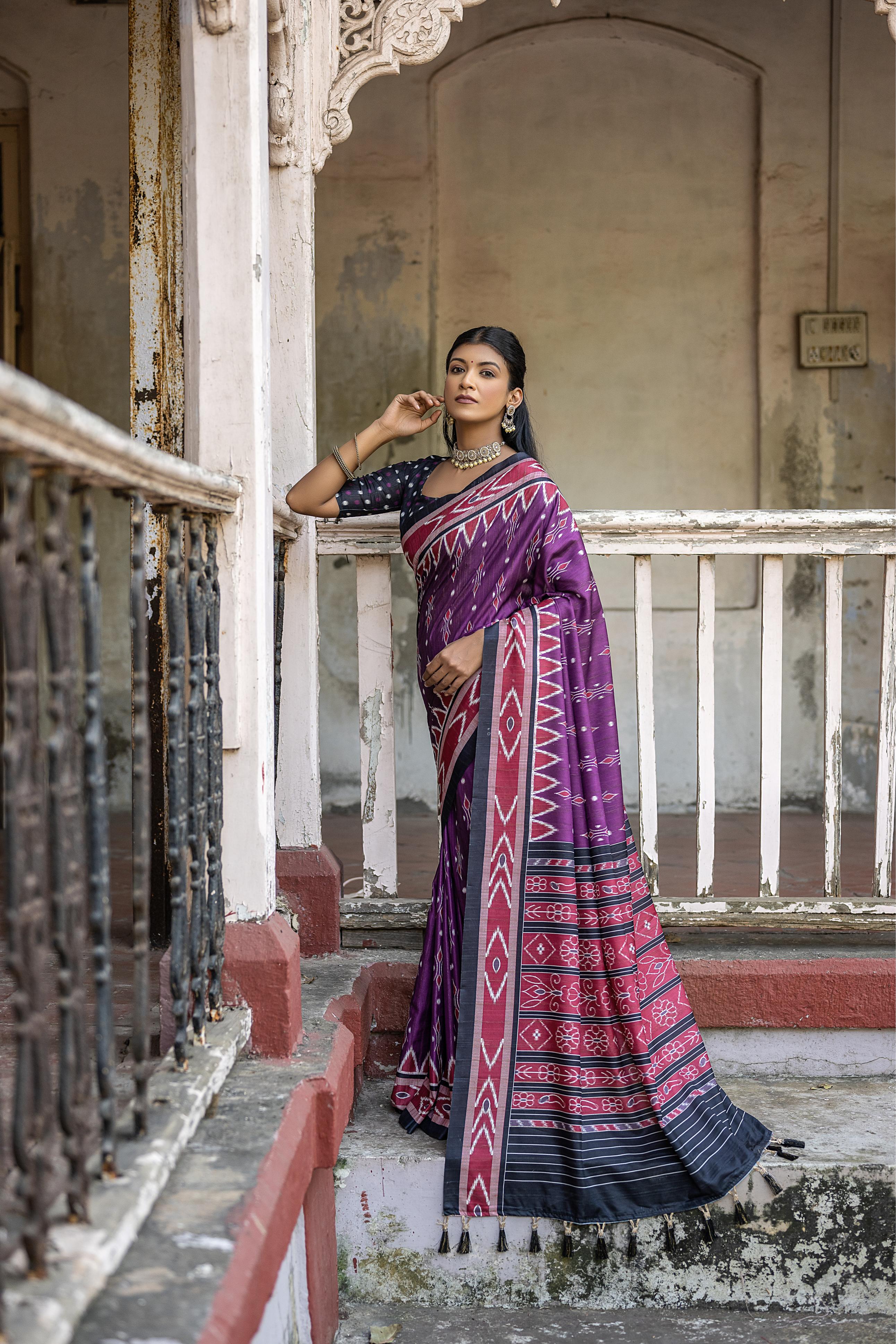 Vsaree Wine Tussar Silk Saree With Leriya Print And Zari Border With Kalamkari Pallu With Blouse