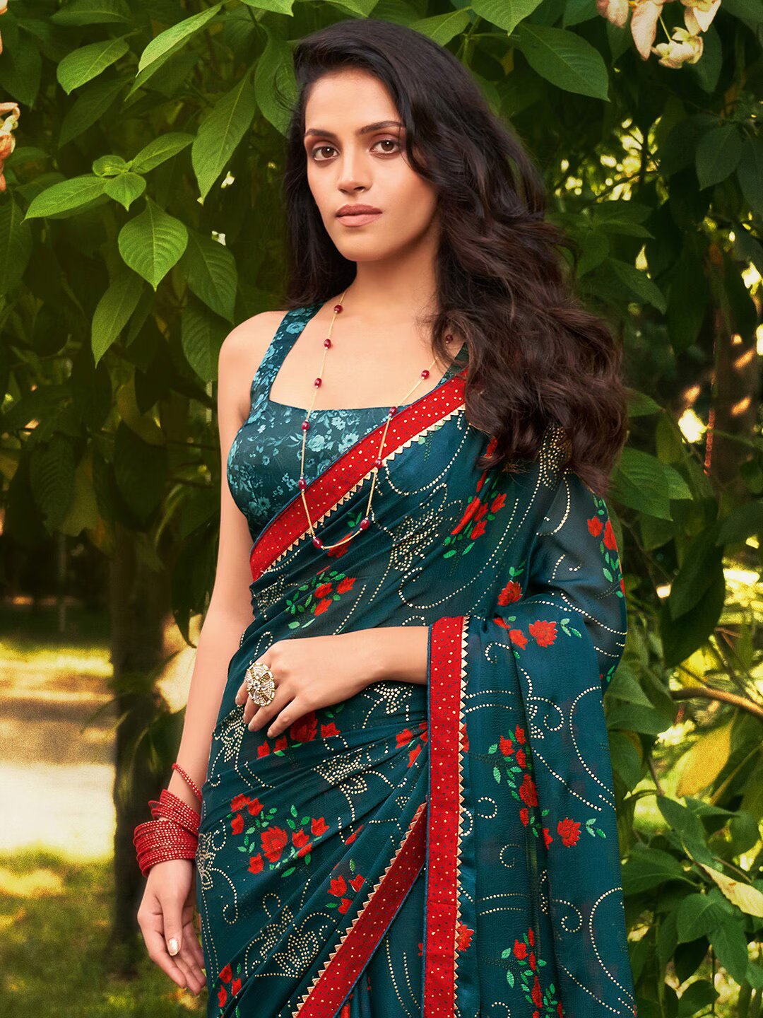 Vsaree Rama Printed Chiffon Saree With Pallu And Printed Chiffon Blouse