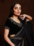 Vsaree Black Satin Chiffon Stone Work Saree With Pallu And Stone Work Satin Chiffon Blouse