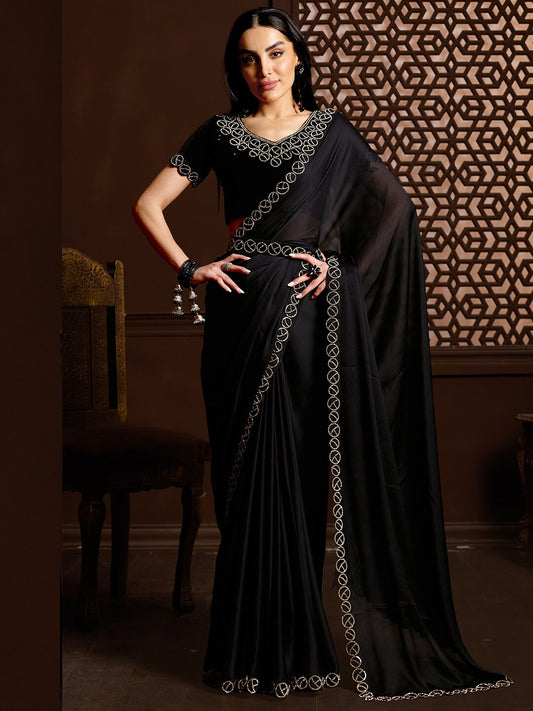 Vsaree Black Satin Chiffon Stone Work Saree With Pallu And Stone Work Satin Chiffon Blouse