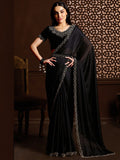 Vsaree Black Satin Chiffon Stone Work Saree With Pallu And Stone Work Satin Chiffon Blouse