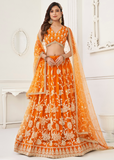 WOMEN'S ORANGE BUTTERFLY NET WITH SEQUINS AND EMBROIDERY WORK LEHENGA CHOLI FOR WEDDING