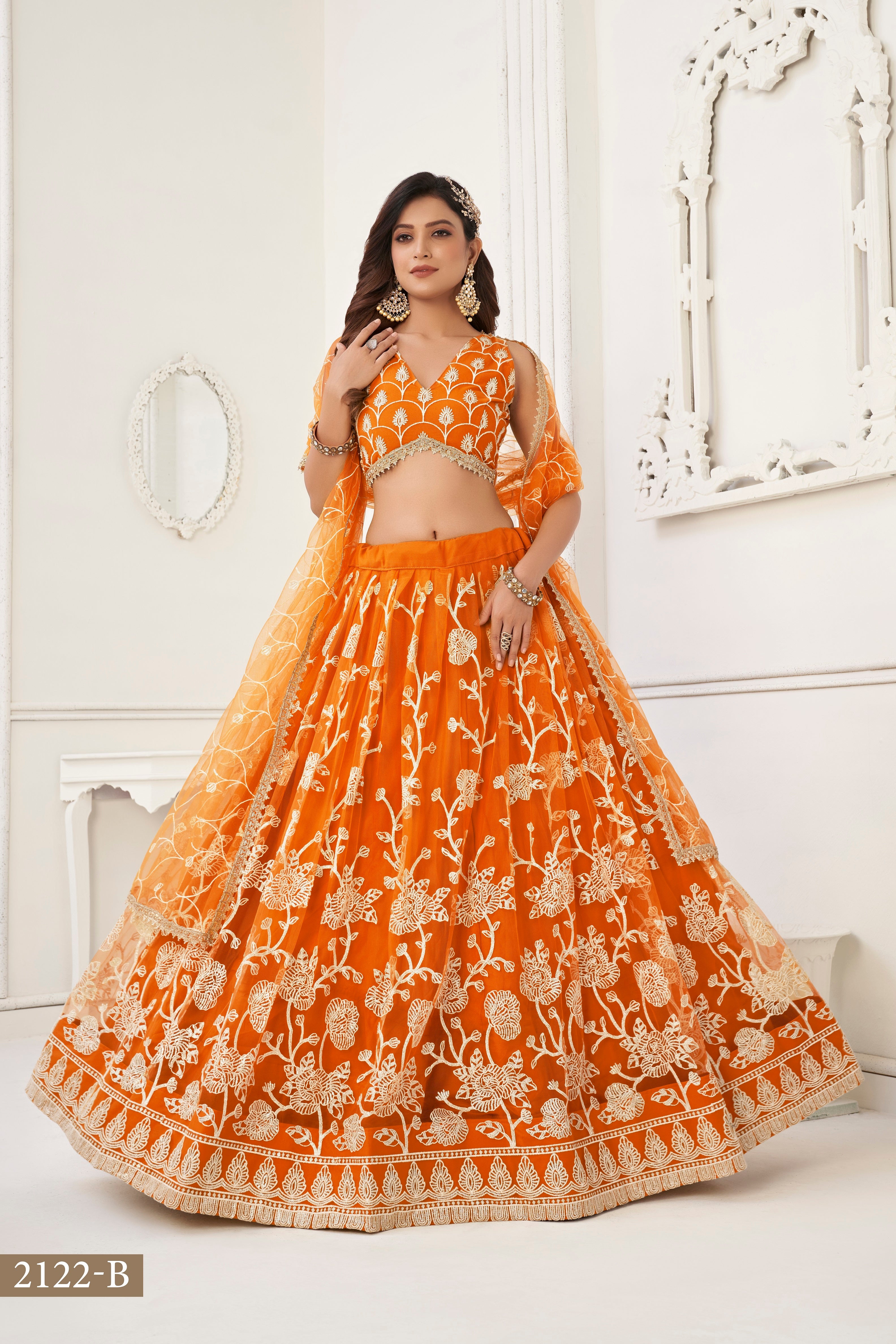 WOMEN'S ORANGE BUTTERFLY NET WITH SEQUINS AND EMBROIDERY WORK LEHENGA CHOLI FOR WEDDING