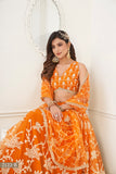 WOMEN'S ORANGE BUTTERFLY NET WITH SEQUINS AND EMBROIDERY WORK LEHENGA CHOLI FOR WEDDING