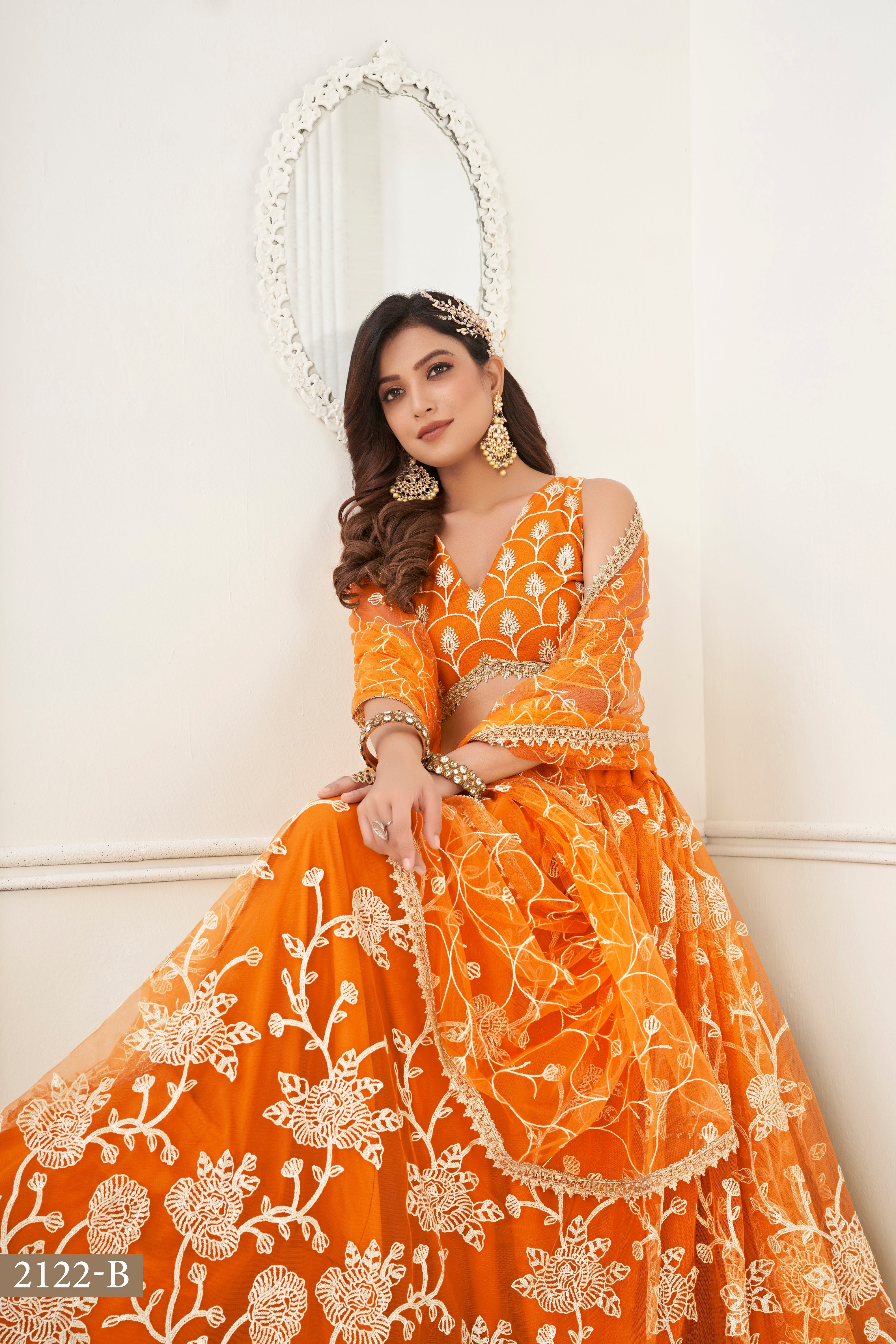 WOMEN'S ORANGE BUTTERFLY NET WITH SEQUINS AND EMBROIDERY WORK LEHENGA CHOLI FOR WEDDING