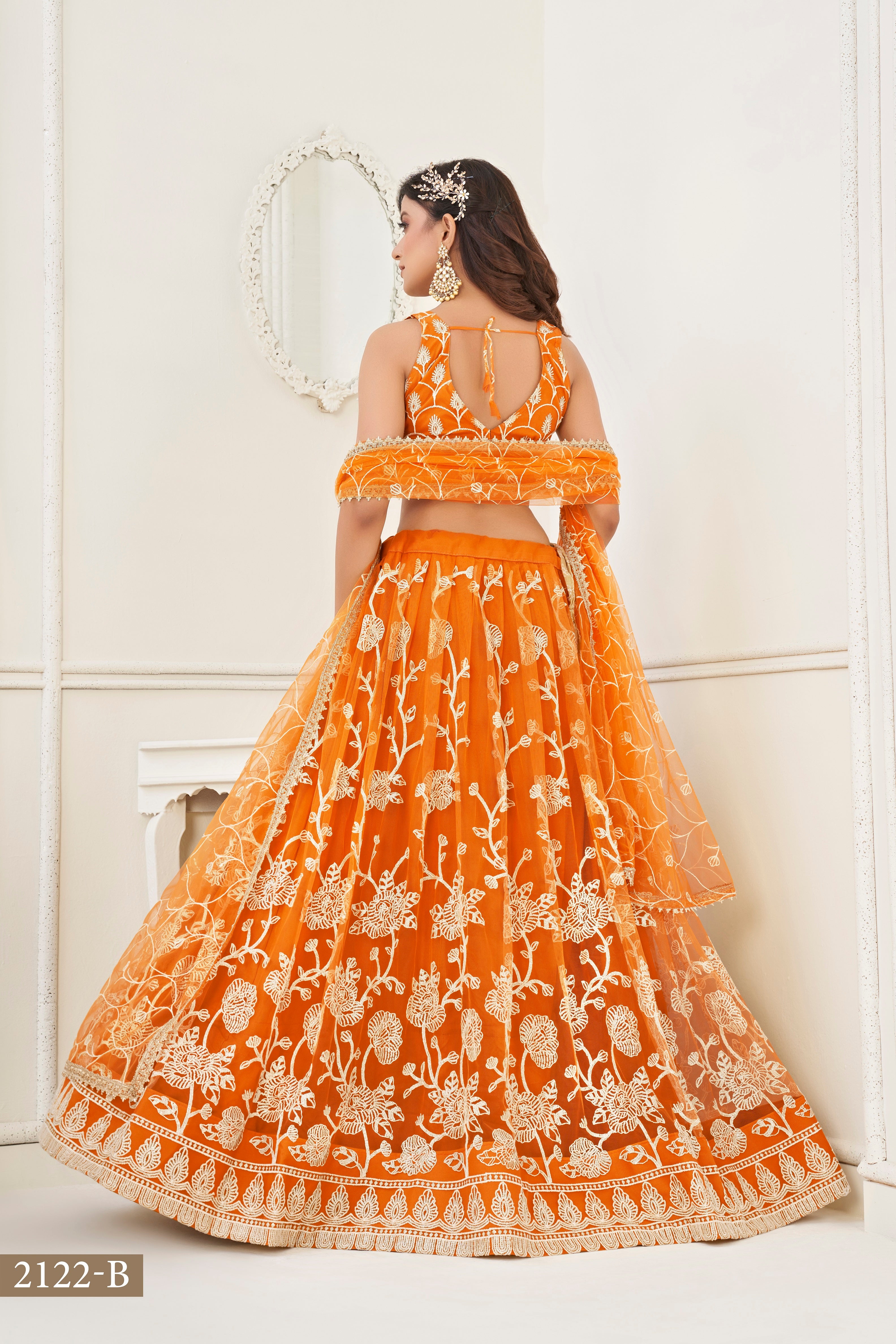 WOMEN'S ORANGE BUTTERFLY NET WITH SEQUINS AND EMBROIDERY WORK LEHENGA CHOLI FOR WEDDING