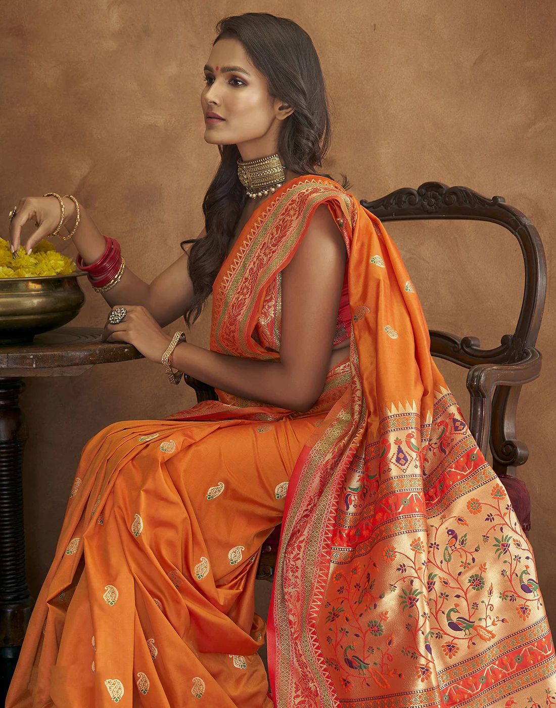 Vsaree Orange Soft Paithani Silk Saree with Heavy Rich Pallu And Blouse