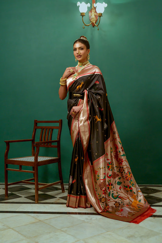 Vsaree Black Soft Paithani Silk Saree with Rich Pallu Contras Border And BLouse Piece For  Women