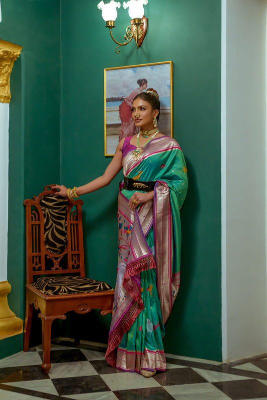 Vsaree Sea Green Soft Paithani Silk Saree with Rich Pallu Contras Border And BLouse Piece For  Women