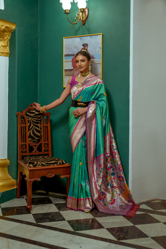 Vsaree Sea Green Soft Paithani Silk Saree with Rich Pallu Contras Border And BLouse Piece For  Women