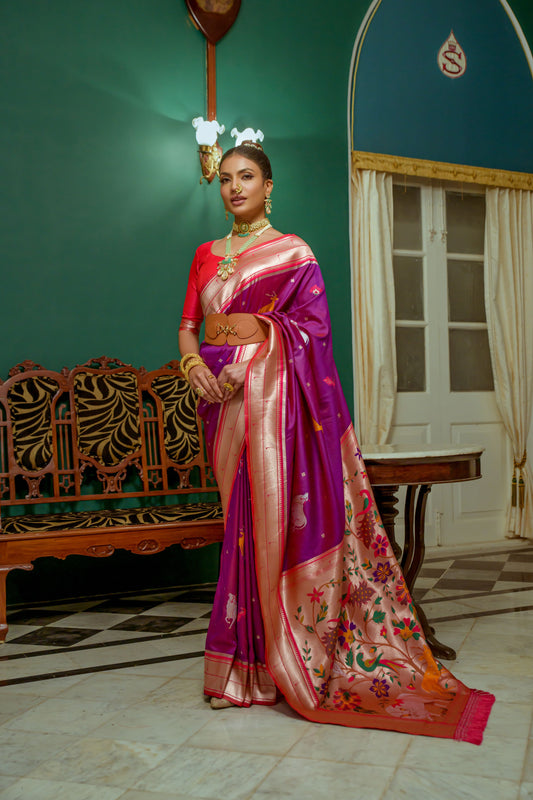 Vsaree Purple Soft Paithani Silk Saree with Rich Pallu Contras Border And Blouse Piece For  Women