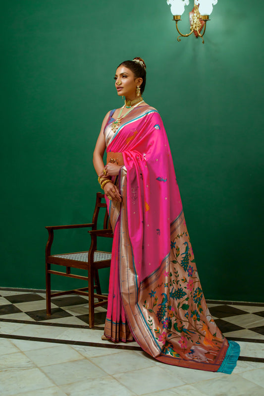 Vsaree Rani Pink Soft Paithani Silk Saree with Rich Pallu Contras Border And Blouse Piece For  Women