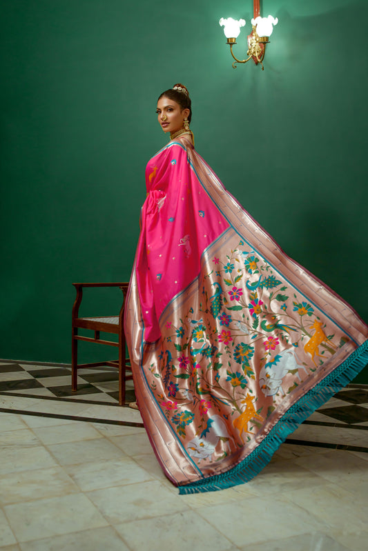 Vsaree Rani Pink Soft Paithani Silk Saree with Rich Pallu Contras Border And Blouse Piece For  Women