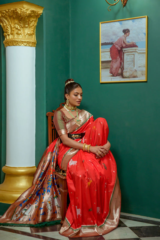 Vsaree Red Soft Paithani Silk Saree with Rich Pallu Contras Border And Blouse Piece For  Women