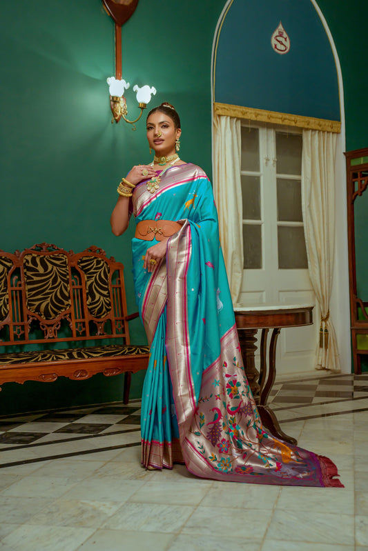 Soft Mulberry silk saree with all over classic zari weaving touchup with silver and gold zari weaving Linning all over to saree with pattern weaved border and gold zari pallu