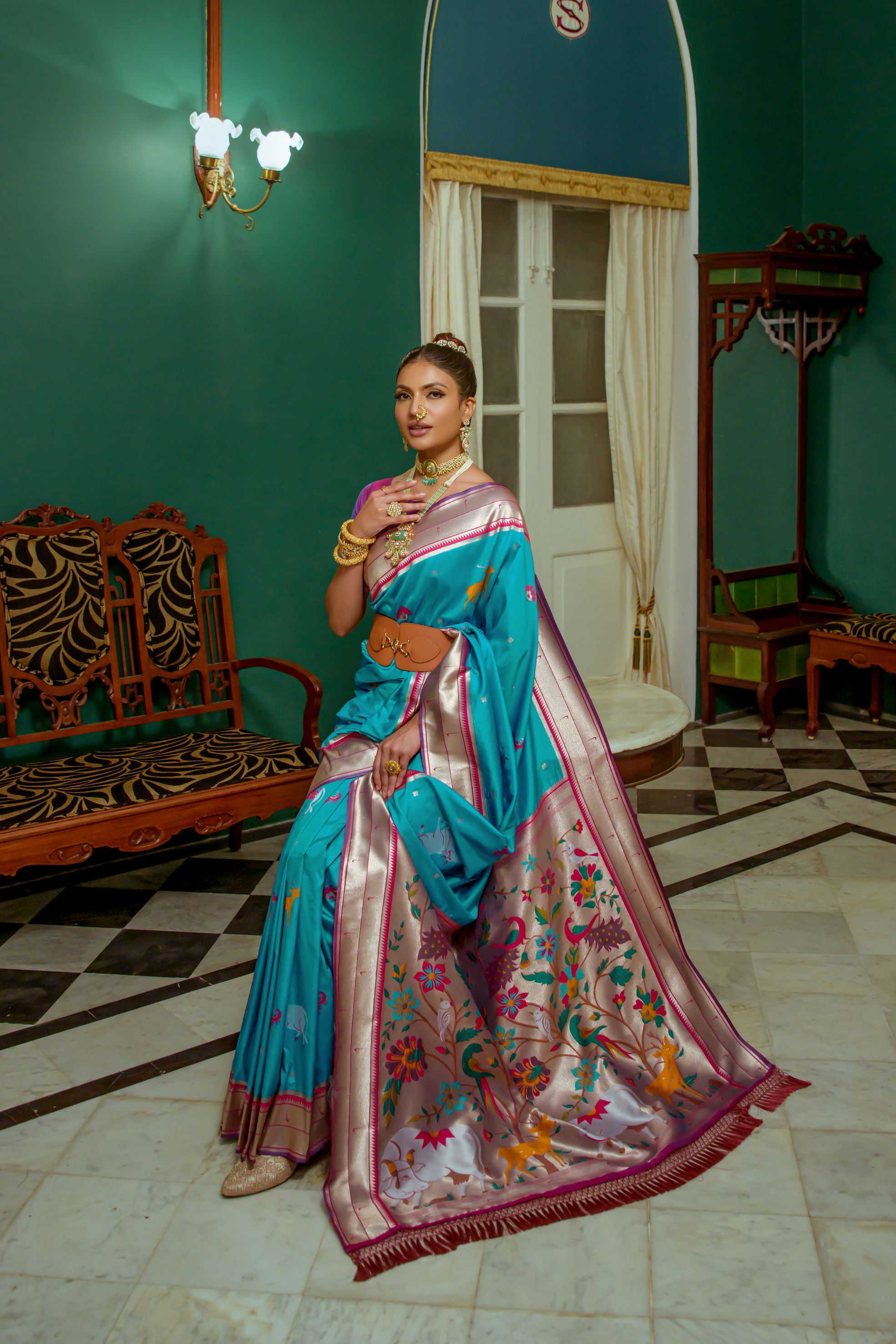 Vsaree Teal Soft Paithani Silk Saree with Rich Pallu Contras Border And Blouse Piece For  Women