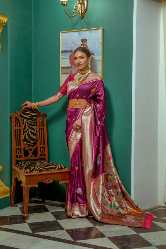 Vsaree Wine Soft Paithani Silk Saree with Rich Pallu Contras Border And Blouse Piece For  Women