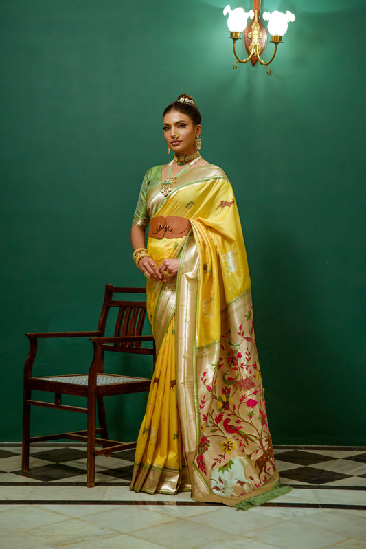 Vsaree Yellow Soft Paithani Silk Saree with Rich Pallu Contras Border And Blouse Piece For  Women